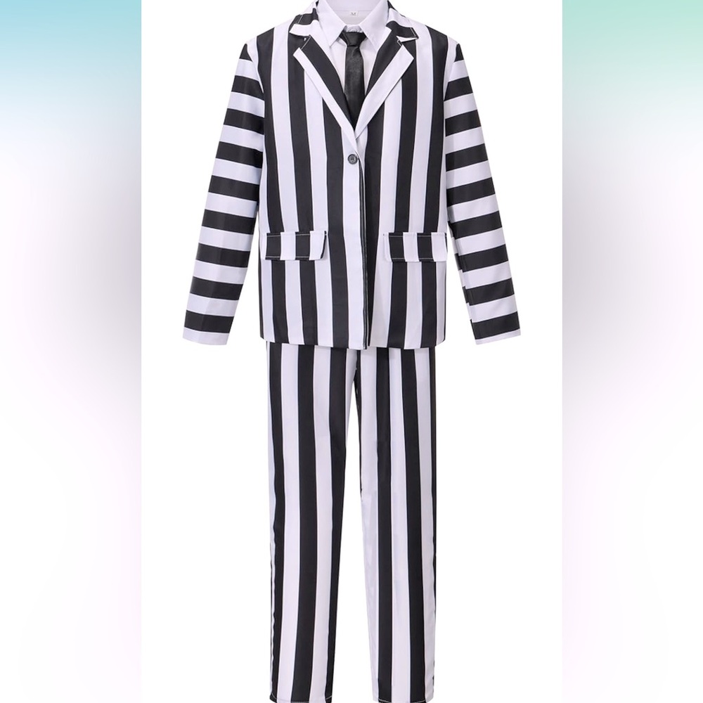 NWT Men's Halloween Costume, Black and White Striped Suit Shirt and Tie, Large